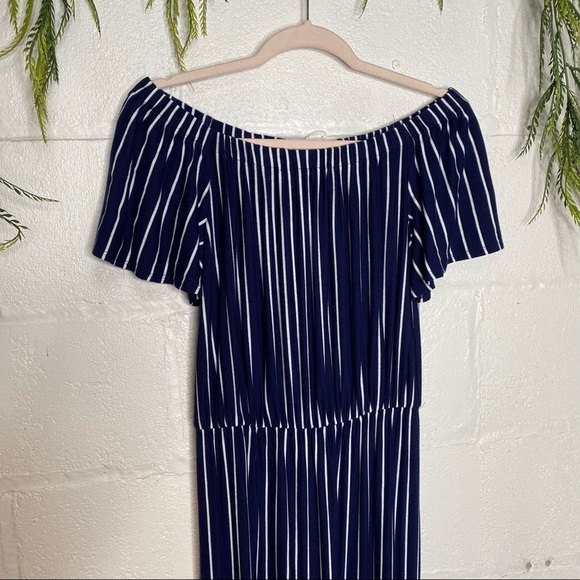 Gianni Bini Navy Blue & White Striped Off The Shoulder Midi Dress Size Large - Picture 3 of 7
